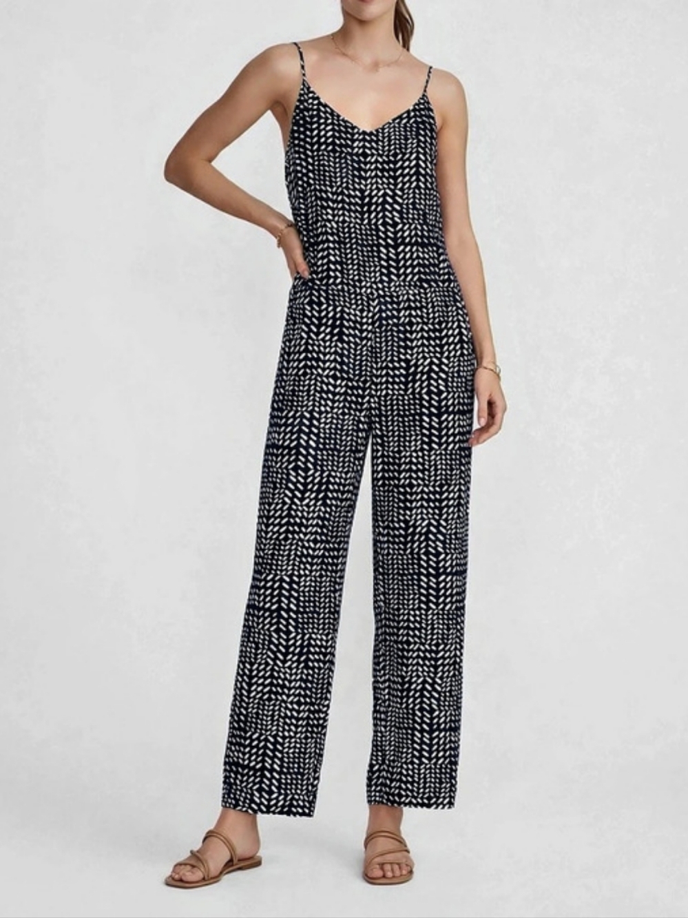 LOFT Leaf Print Cami Jumpsuit Blue & White Medium